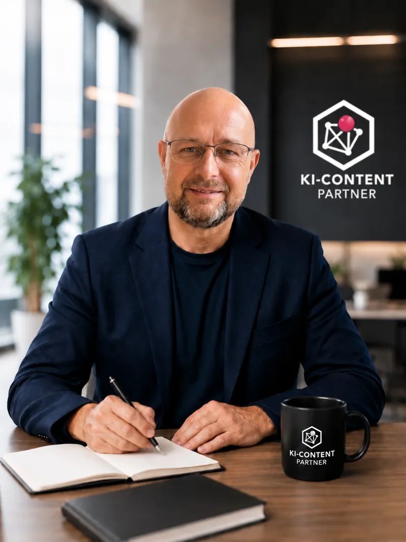 Robert Werkier przy biurku — KI-Content Partner, marketing dla polskich firm na rynku niemieckim