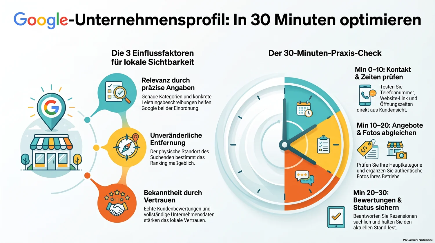 Profil Firmy w Google: czynniki widoczności lokalnej i plan optymalizacji na 30 minut – infografika w języku niemieckim