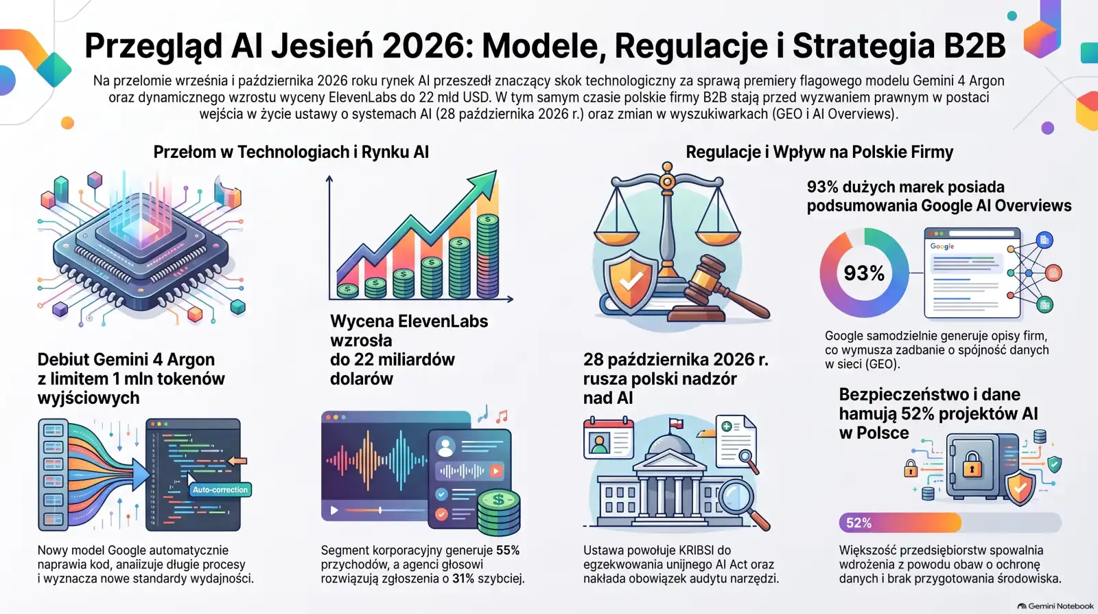 Infografika: modele AI, agenci głosowi, polskie przepisy i widoczność firm w wyszukiwarkach